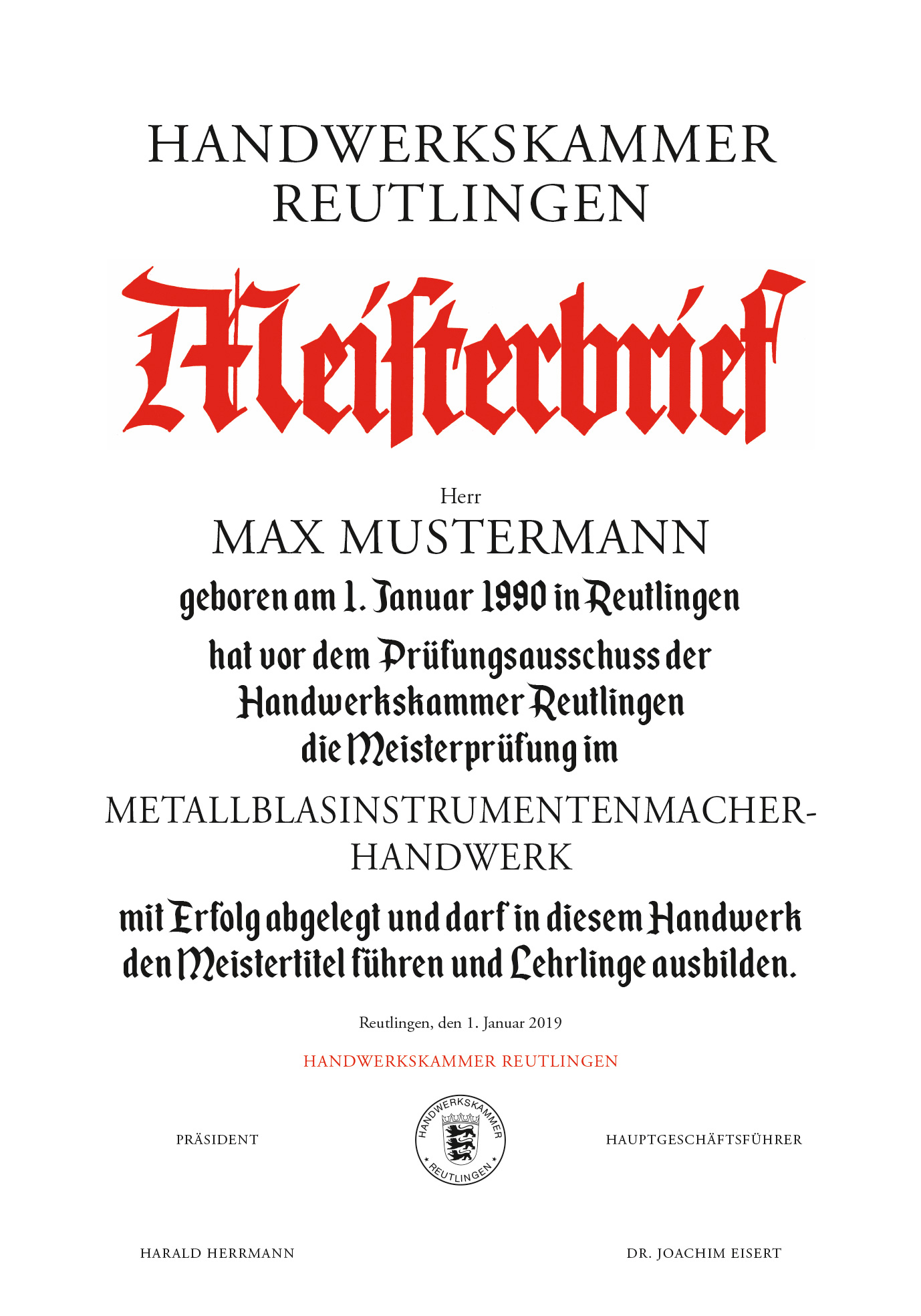 Schmuck-Meisterbrief historisch Handwerkskammer Reutlingen